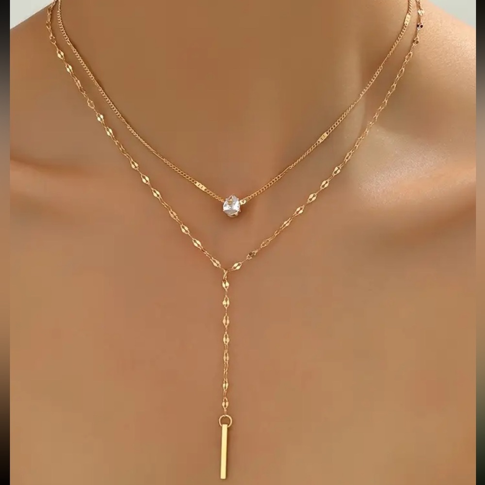 Gold Rhinestone Layered Pendant Necklace - Picture 1 of 3
